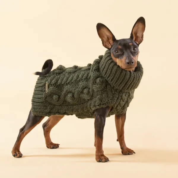 PAIKKA Handmade Knit koiran neulepusero, 45-50 cm, maastonvihreä| Neuletakit