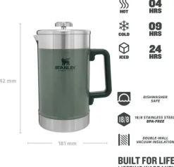 Stanley Termospullot^The Stay-Hot French Press kahvitermos, 1,4 L, harmaavihreä