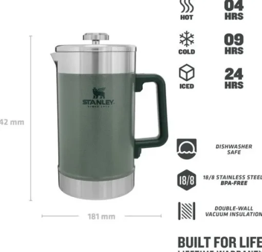 Stanley Termospullot^The Stay-Hot French Press kahvitermos, 1,4 L, harmaavihreä